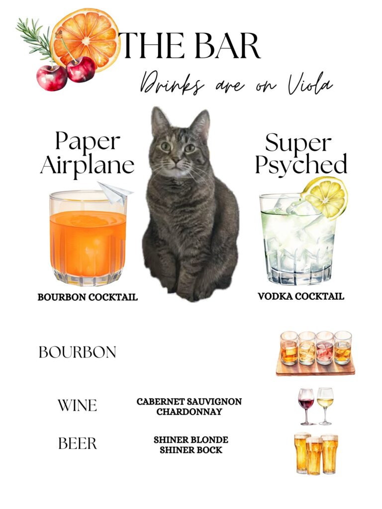 Wedding bar menu, cocktail menu, signature cocktails, cocktails