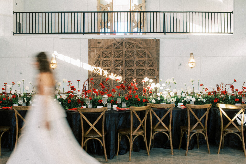 Texas luxury wedding venue, red and white florals, caterpillar tables, New Years eve party, Texas bride, wedding dress