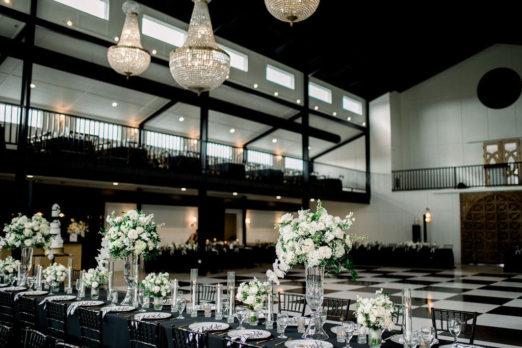 black and white wedding, 400 guest wedding, balcony seats, wedding guest seats